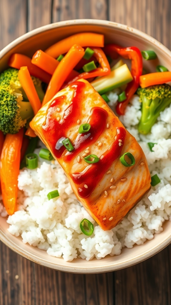 Air Fryer Teriyaki Salmon Bowl Air fryer teriyaki salmon bowl with salmon, rice, and colorful vegetables, garnished with sesame seeds and green onions.